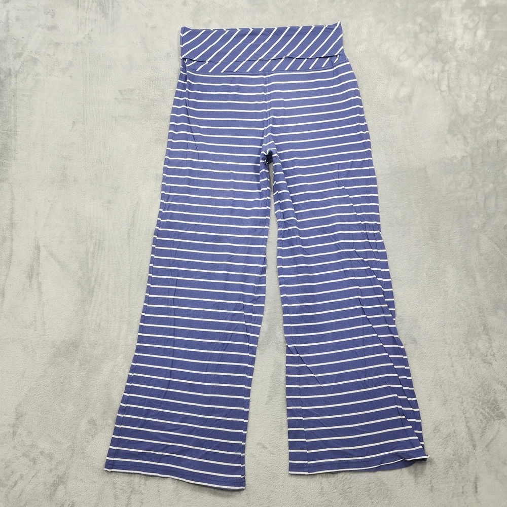Garnet Hill Pants Womens M Blue Striped Green Cotton Wide Leg Pull On Foldover